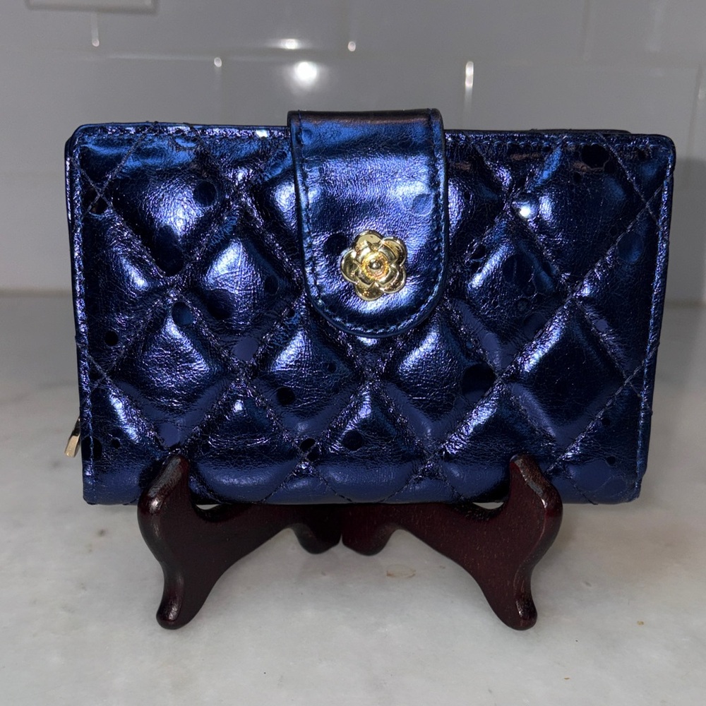 Borgasets Mini Wallet Purse Small Compact Quilted Leather Metallic RFID